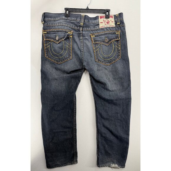 True Religion Joey Super T Jeans Mens 42x33 Denim Pants Thick Stitch Straight - Picture 3 of 9